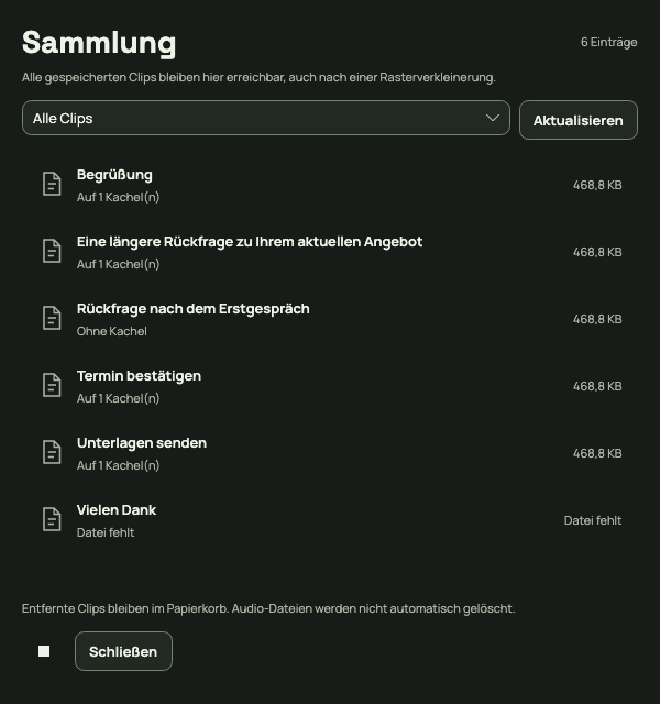 Sammlung mit Clip-Liste, Zuordnung und Papierkorb.