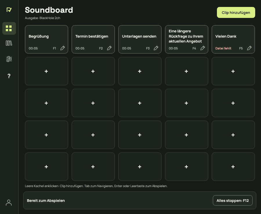 ROYVIRA soundboard showing personal clips, keyboard shortcuts and a stop action. German interface.