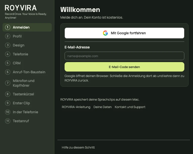 Anmeldung mit Google oder E-Mail-Code.