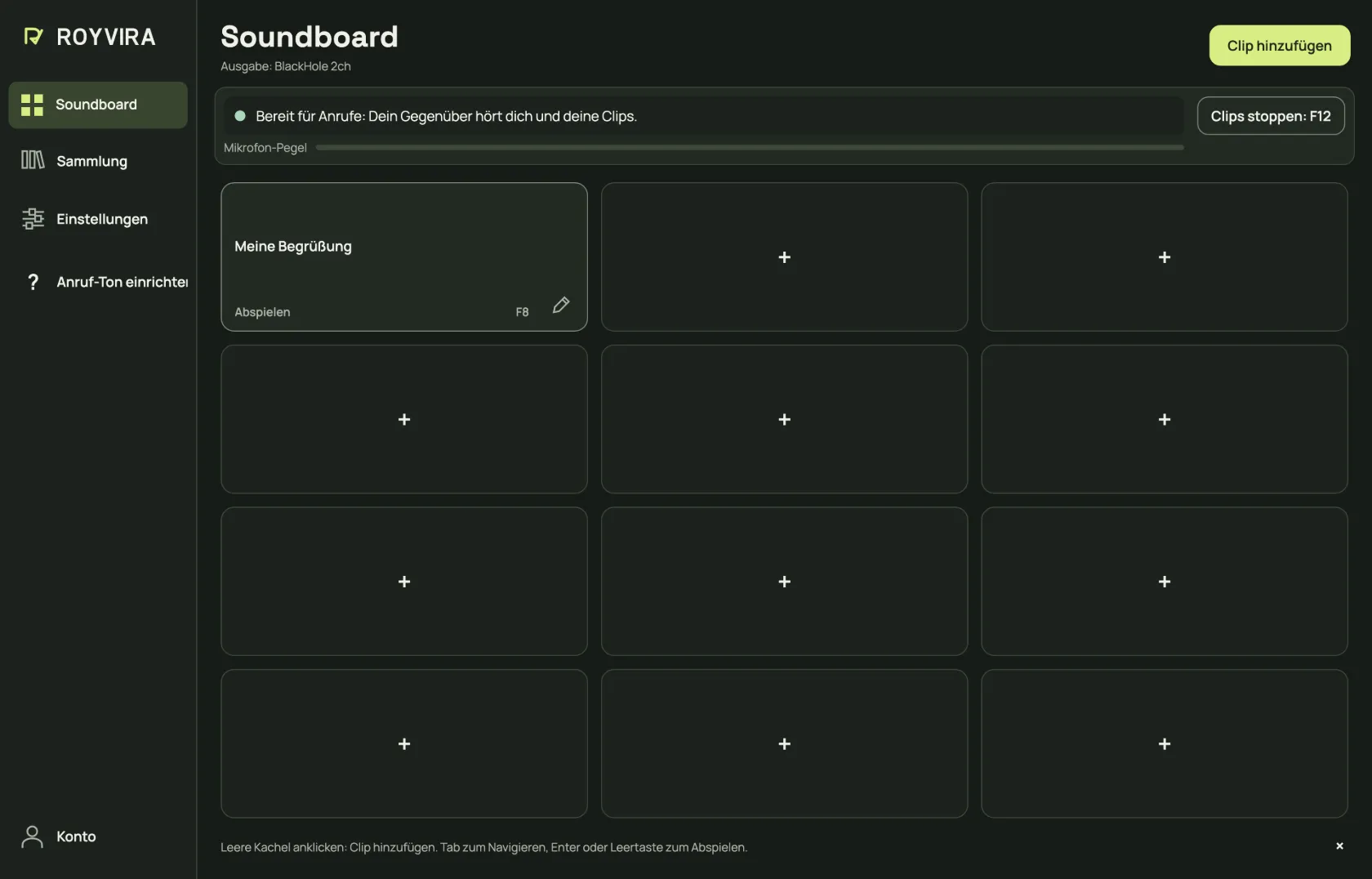 Neues Soundboard mit zwölf Plätzen und einem Beispielclip. Tastenkürzel sind freiwillig.