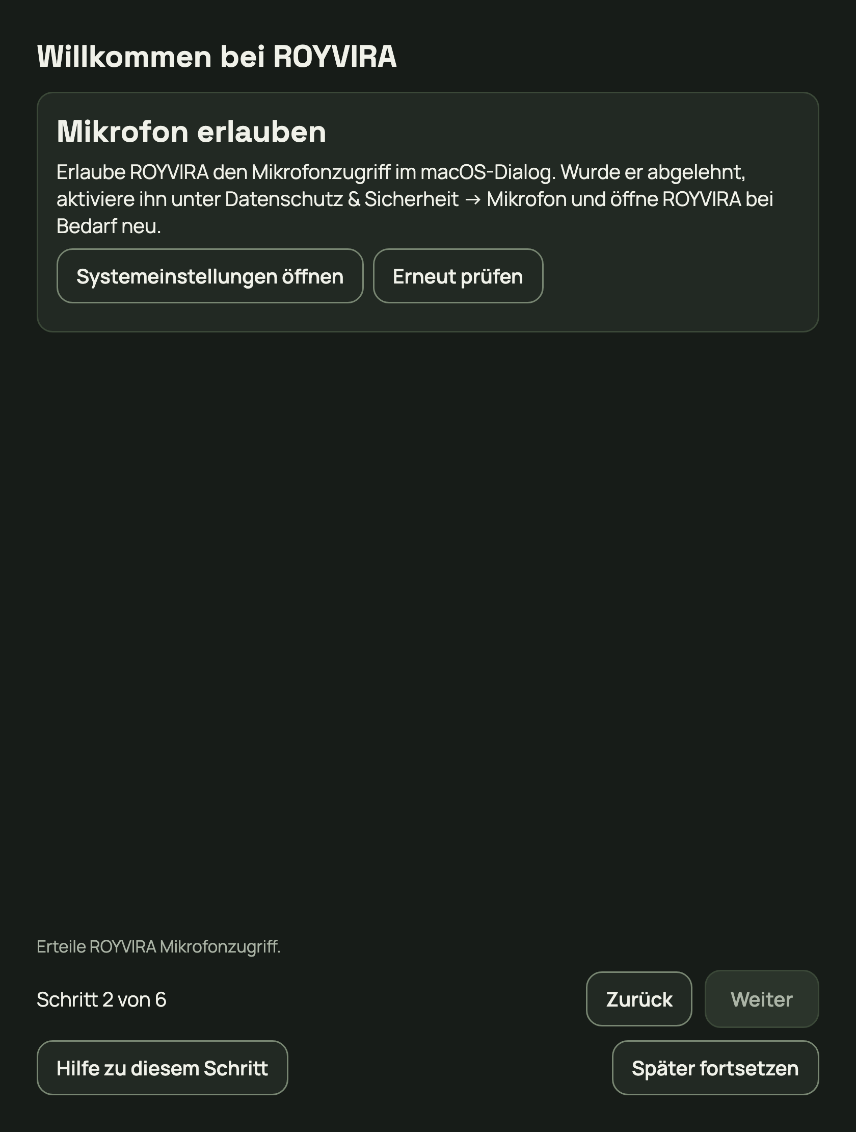 Bei gesperrtem Mikrofonzugriff die Systemeinstellungen öffnen.