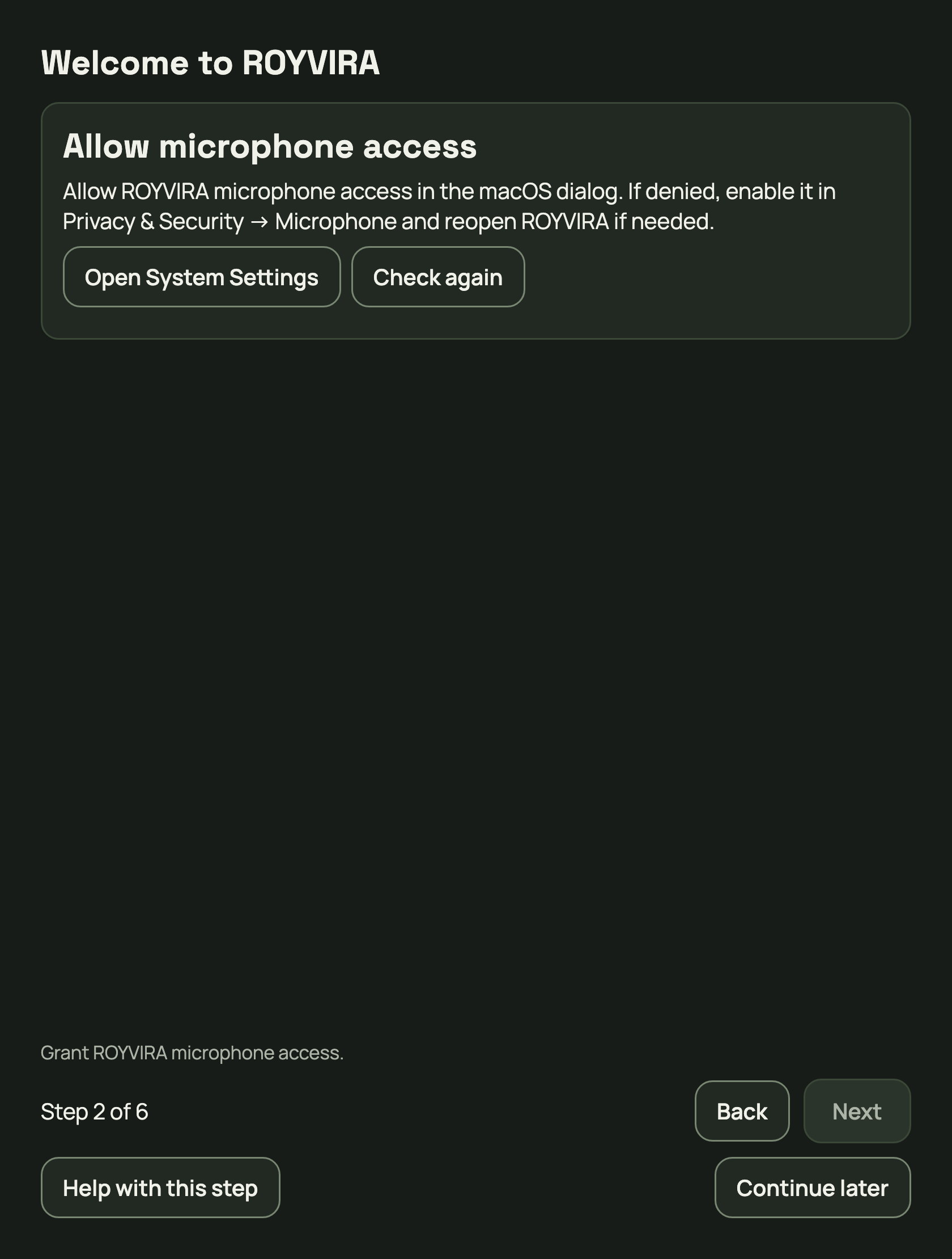 Open System Settings if microphone access was denied.