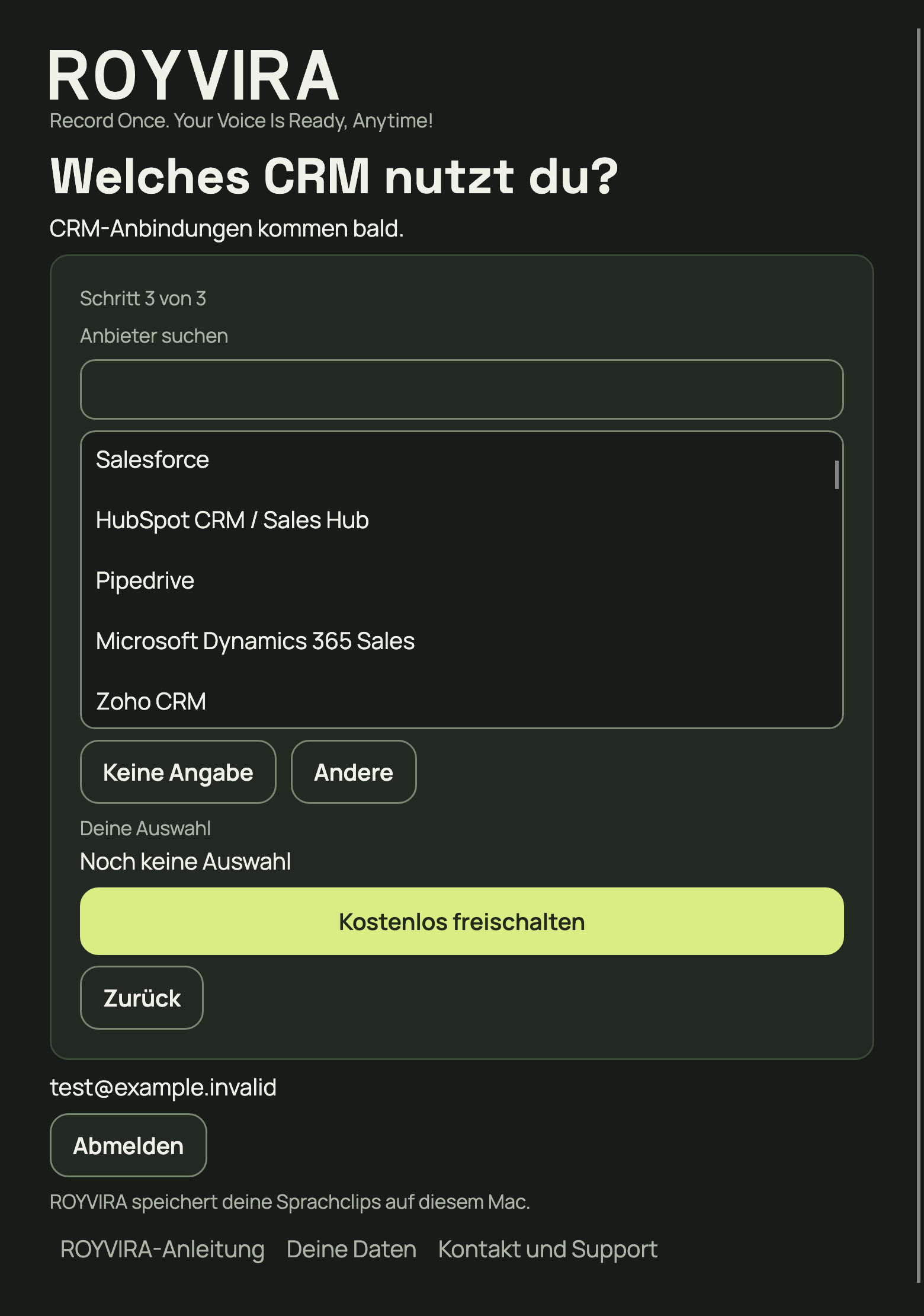 CRM beantworten und das Profil mit Kostenlos freischalten abschließen.