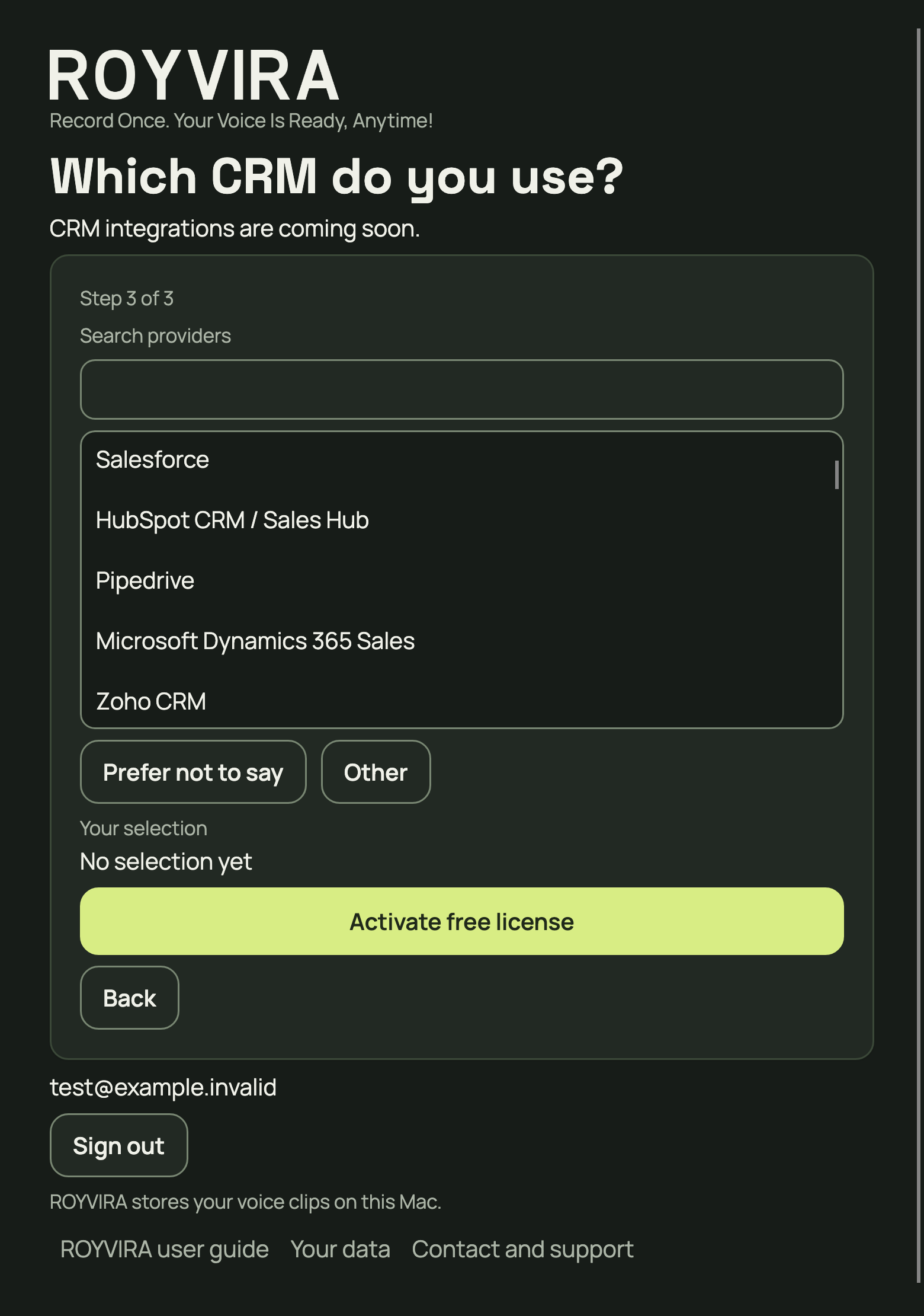 Answer CRM and finish the profile with Activate free license.
