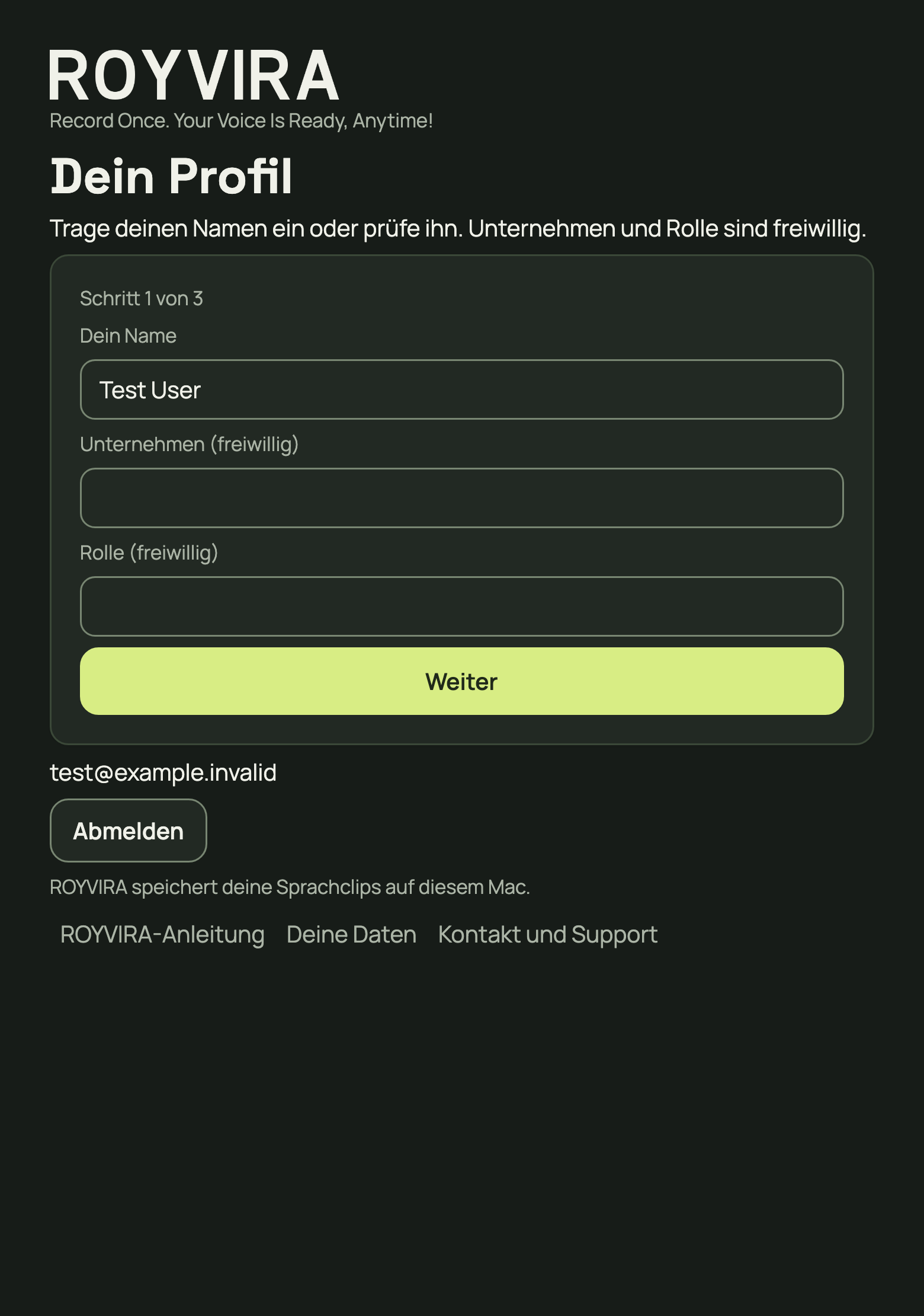 Name eingeben; Unternehmen und Rolle sind freiwillig.