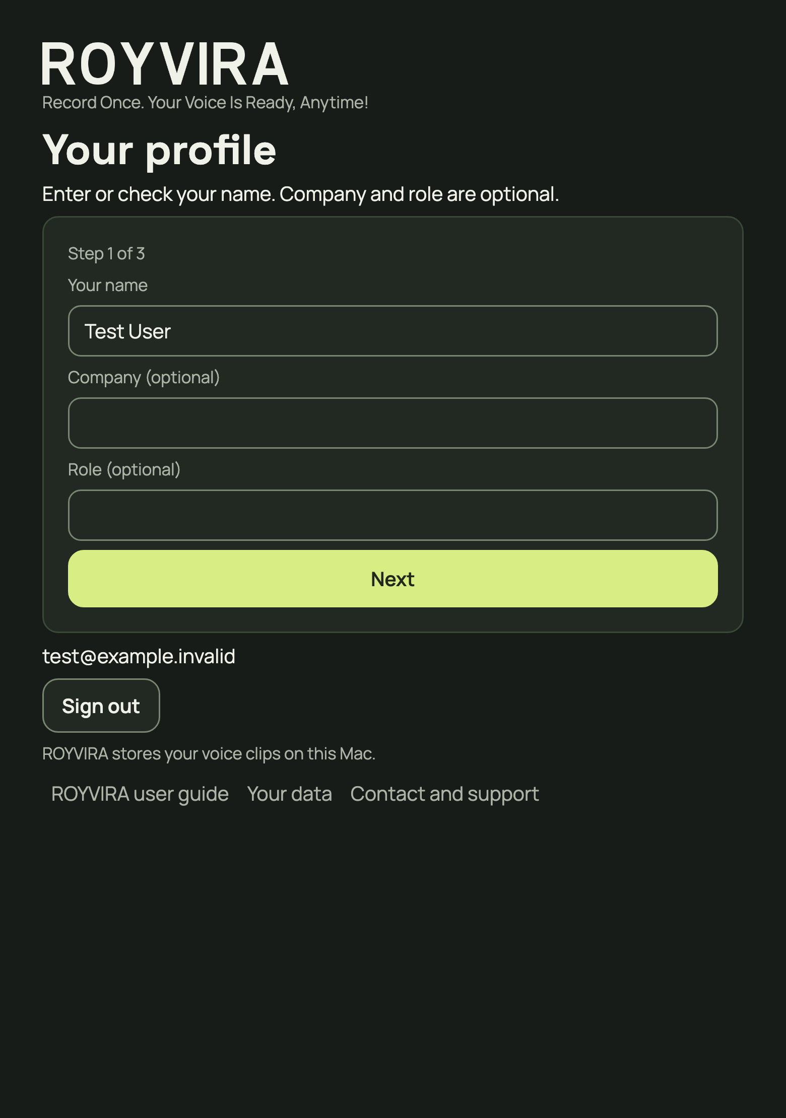 Enter your name; company and role are optional.