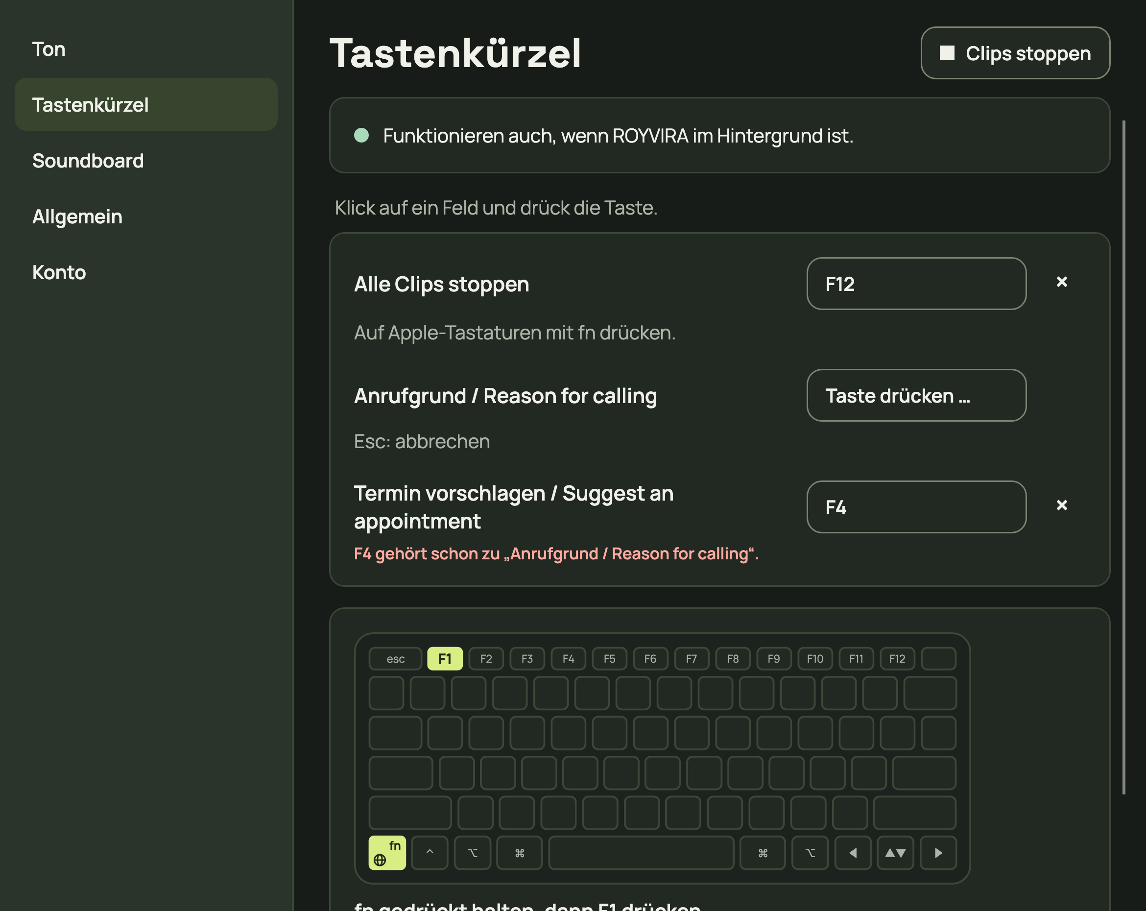 Feld anklicken und Taste drücken.