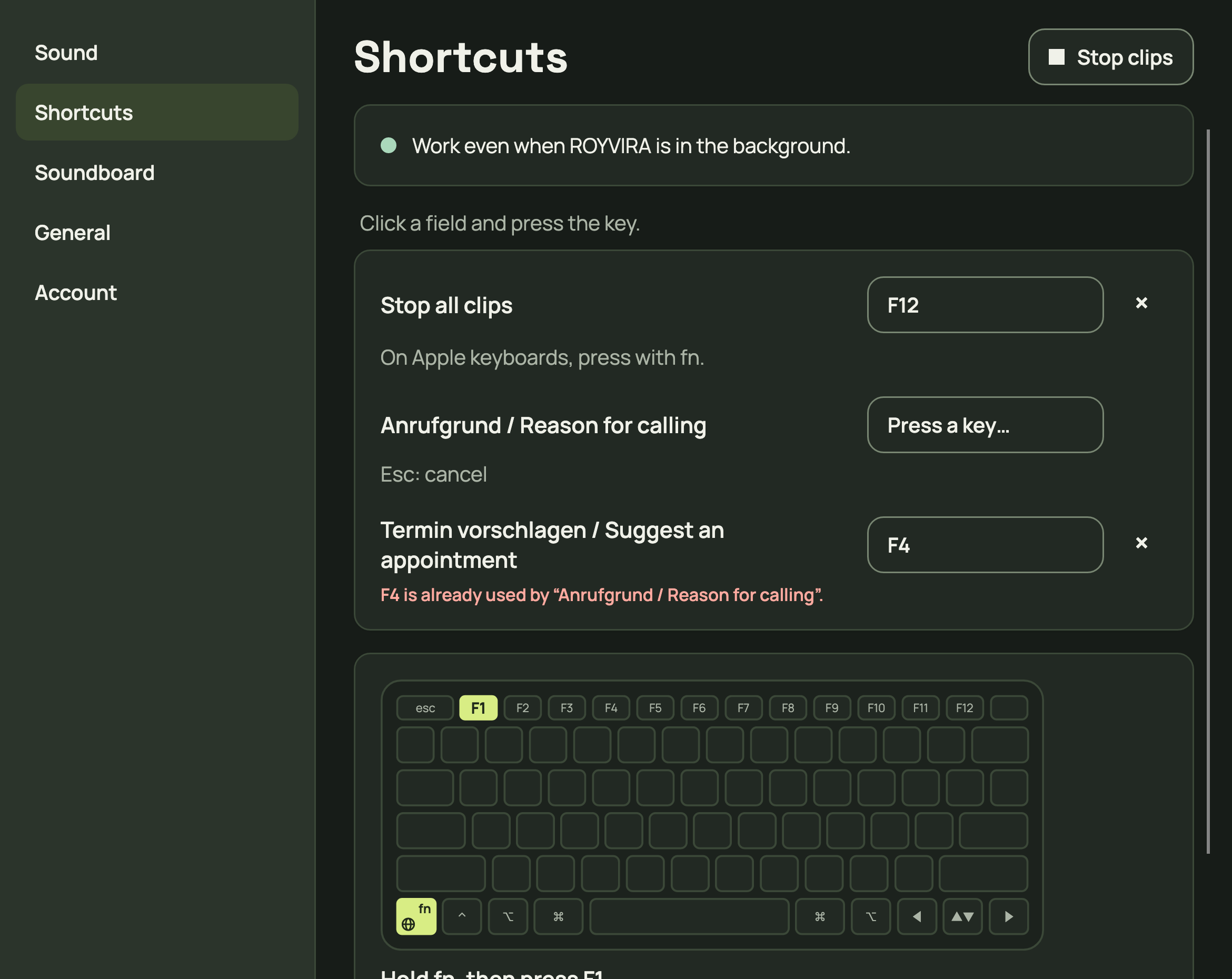 Click the field and press the key.