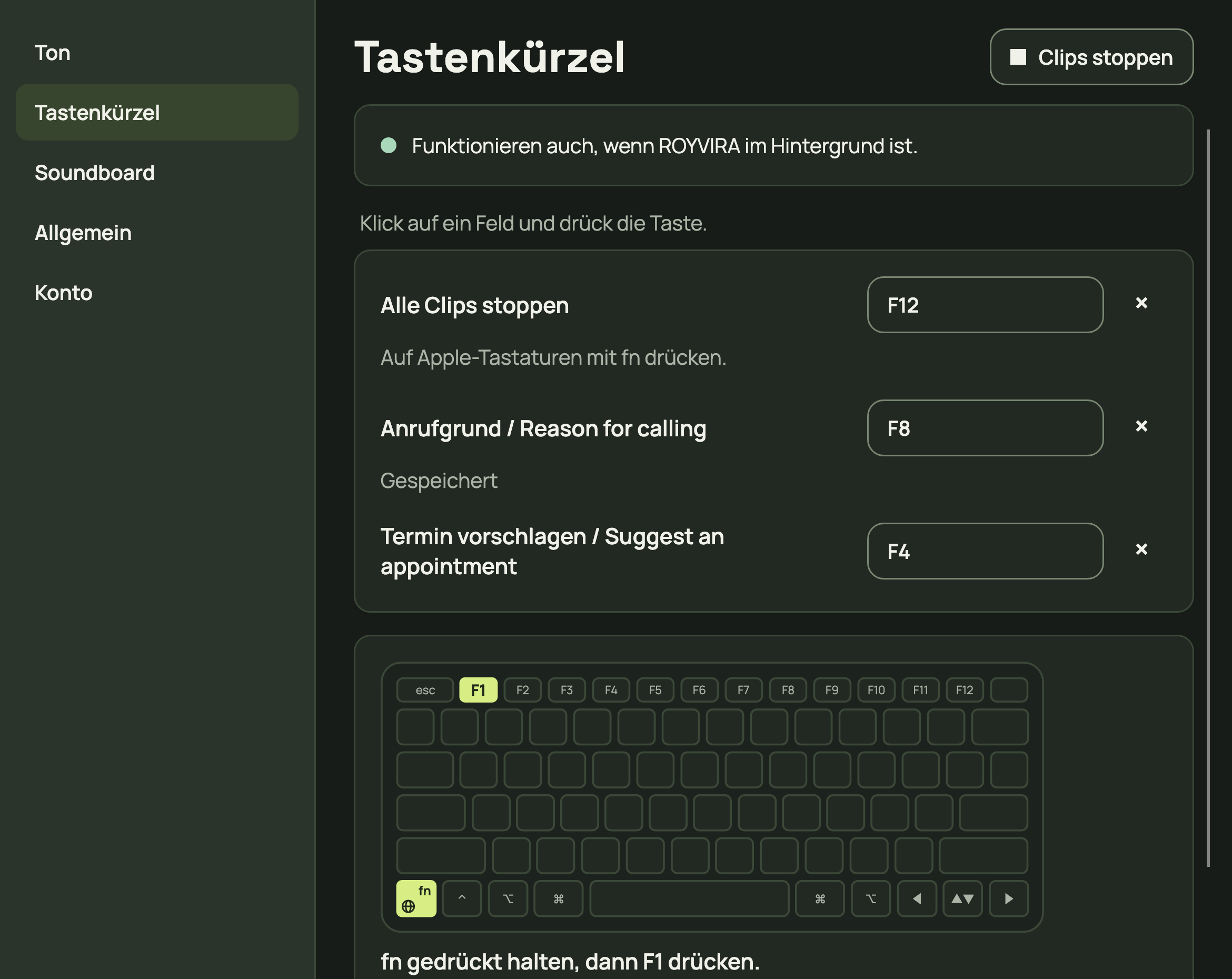 Gespeicherter Beispielclip mit Kürzel F8. Du wählst dein eigenes Kürzel.